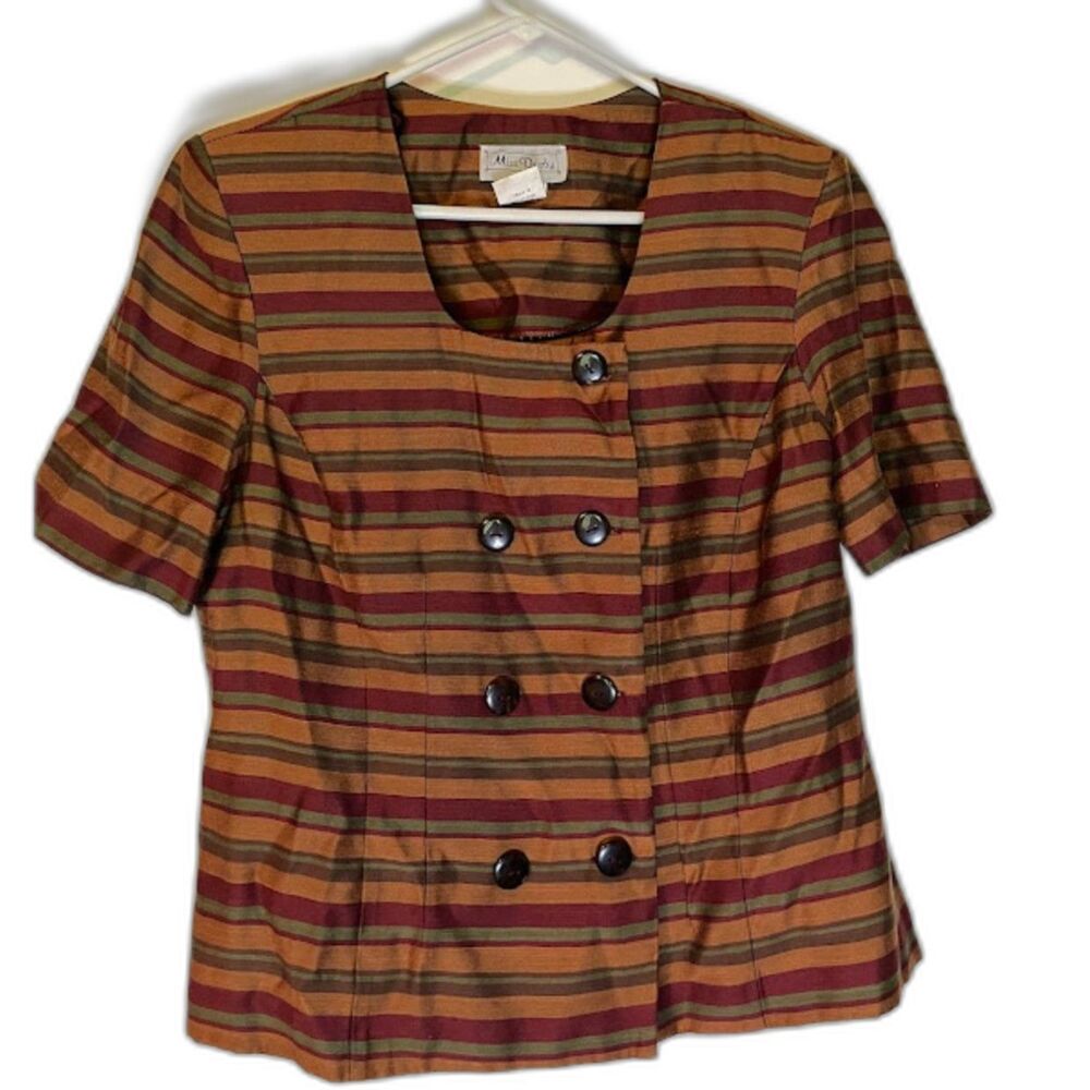 Vntg Miss Dorby Jacket 12 Gold GreenMaroon Stripe Dble Breasted Business Casual